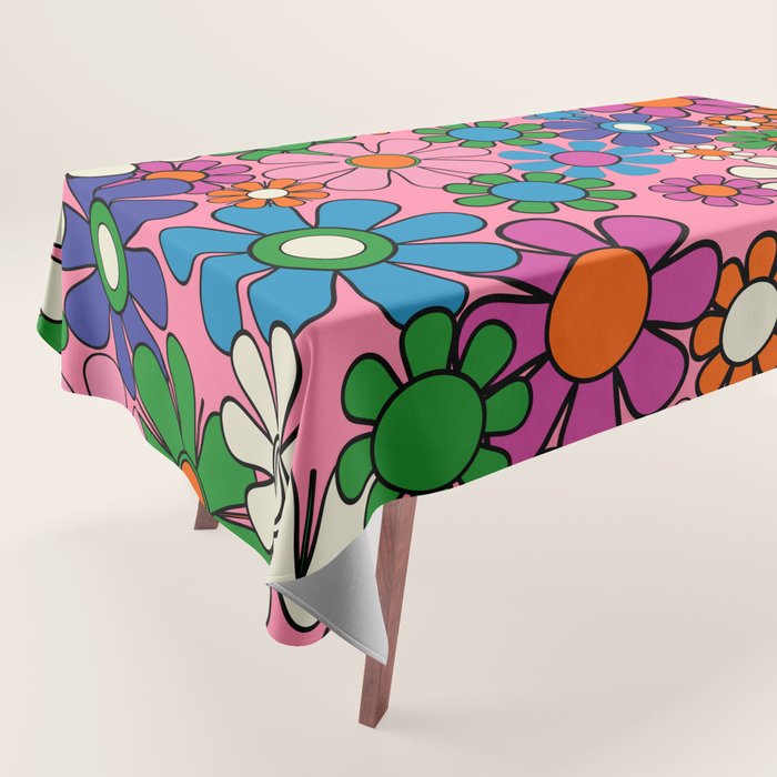 Groovy Retro Garden Colorful 60s 70s Pink Floral Pattern Tablecloth Gallery Image 1