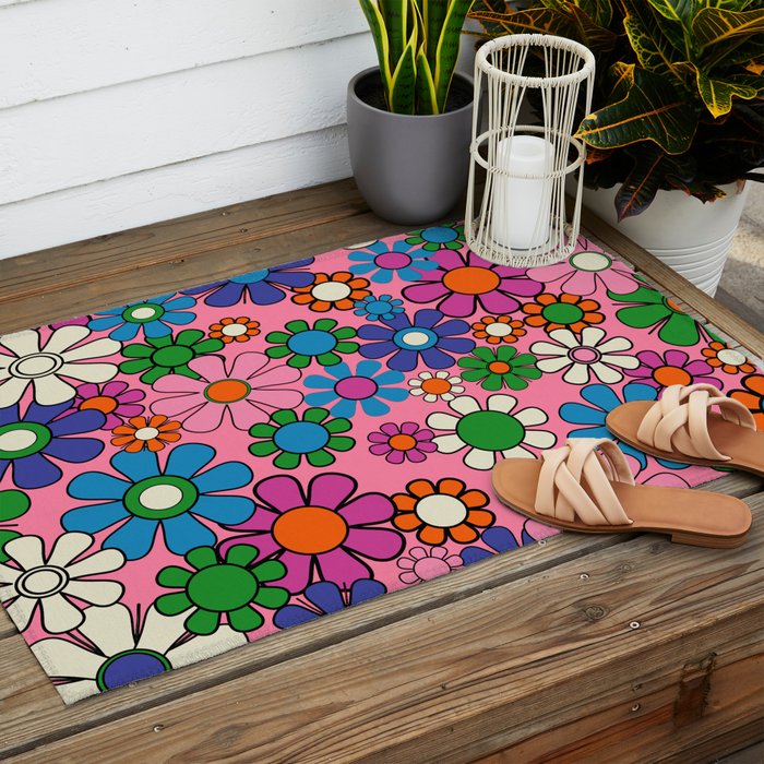 Groovy Retro Garden Colorful 60s 70s Pink Floral Pattern Outdoor Rug Gallery Image 2