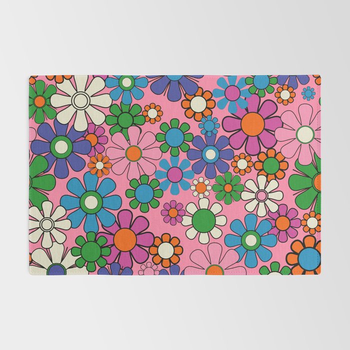 Groovy Retro Garden Colorful 60s 70s Pink Floral Pattern Rug Gallery Image 2