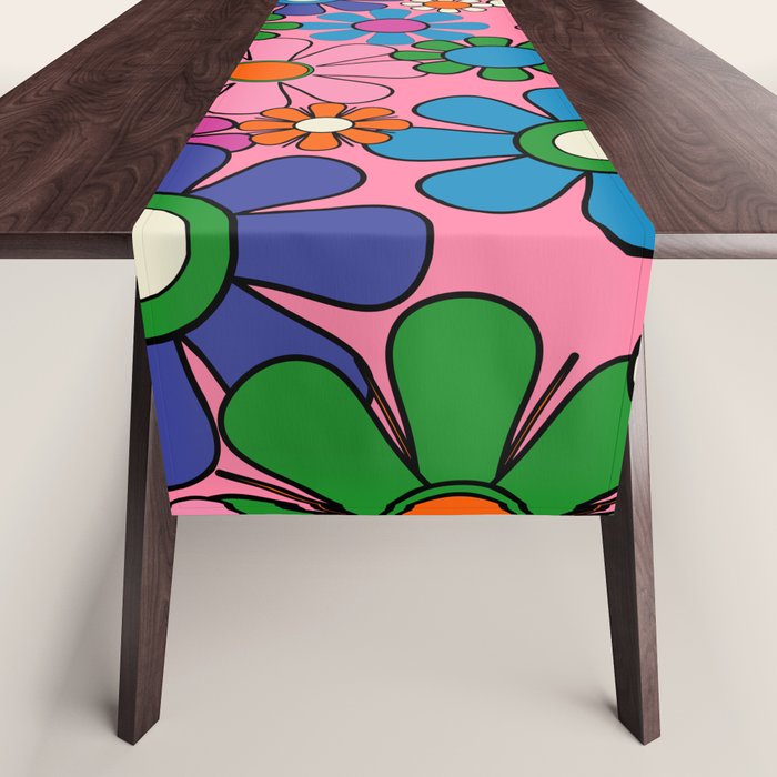 Groovy Retro Garden Colorful 60s 70s Pink Floral Pattern Table Runner