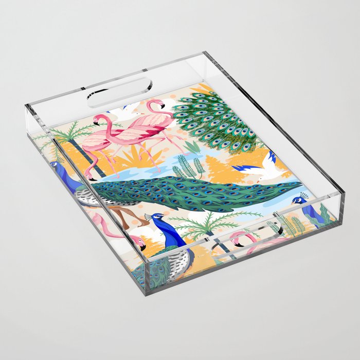Utopia, Tropical Wildlife Animals, Flamingo Peacock Seagull Vintage Botanical Palm Acrylic Tray Gallery Image 1