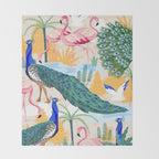 Utopia, Tropical Wildlife Animals, Flamingo Peacock Seagull Vintage Botanical Palm Throw Blanket Gallery Image 2