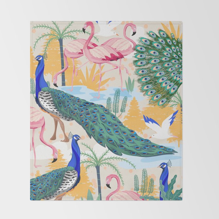 Utopia, Tropical Wildlife Animals, Flamingo Peacock Seagull Vintage Botanical Palm Throw Blanket Gallery Image 2