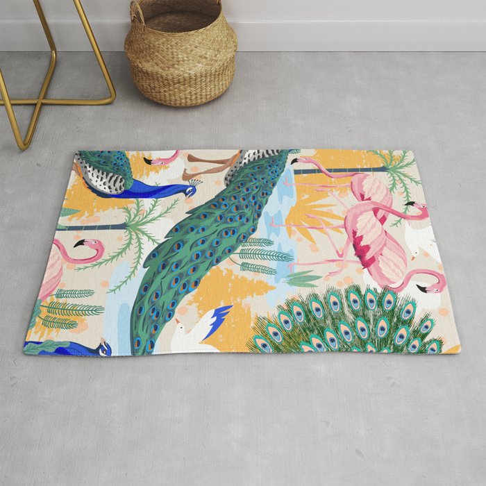 Utopia, Tropical Wildlife Animals, Flamingo Peacock Seagull Vintage Botanical Palm Rug Gallery Image 1