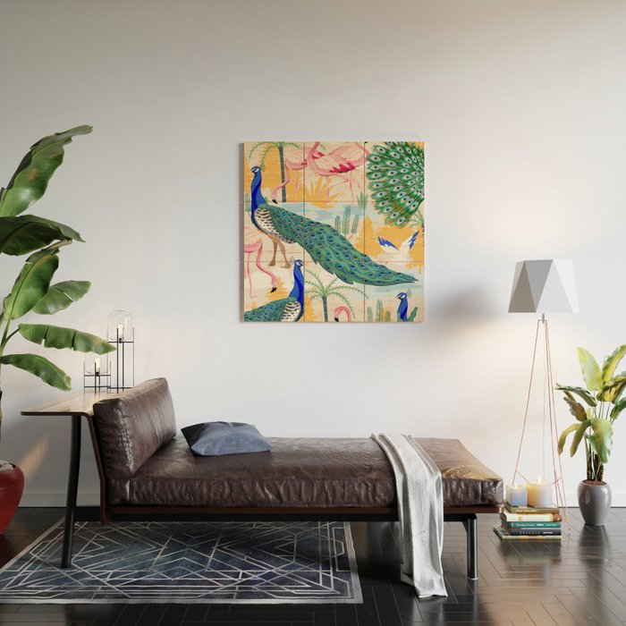 Utopia, Tropical Wildlife Animals, Flamingo Peacock Seagull Vintage Botanical Palm Wood Wall Art Gallery Image 2