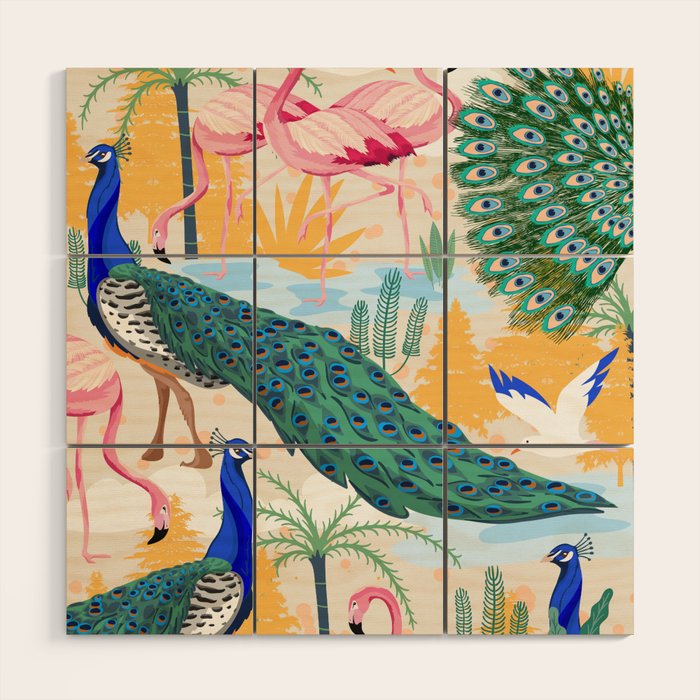 Utopia, Tropical Wildlife Animals, Flamingo Peacock Seagull Vintage Botanical Palm Wood Wall Art Gallery Image 1