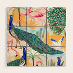 Utopia, Tropical Wildlife Animals, Flamingo Peacock Seagull Vintage Botanical Palm Wood Wall Art Gallery Image 1