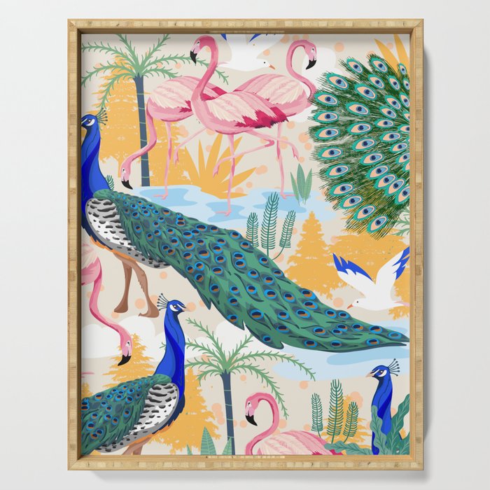 Utopia, Tropical Wildlife Animals, Flamingo Peacock Seagull Vintage Botanical Palm Serving Tray Gallery Image 1