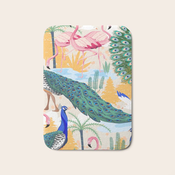 Utopia, Tropical Wildlife Animals, Flamingo Peacock Seagull Vintage Botanical Palm Bath Mat Gallery Image 1