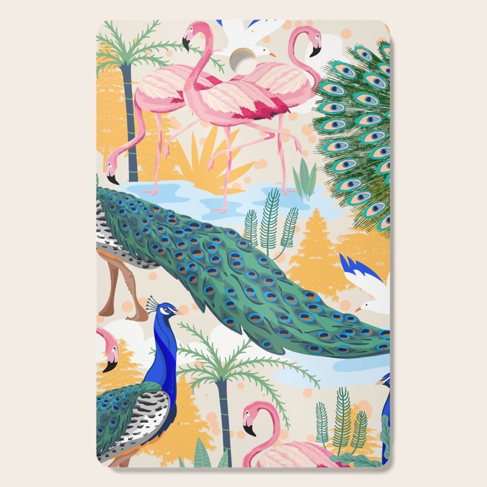 Utopia, Tropical Wildlife Animals, Flamingo Peacock Seagull Vintage Botanical Palm Cutting Board Gallery Image 1