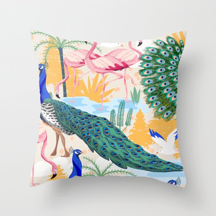Utopia, Tropical Wildlife Animals, Flamingo Peacock Seagull Vintage Botanical Palm Throw Pillow Gallery Image 6