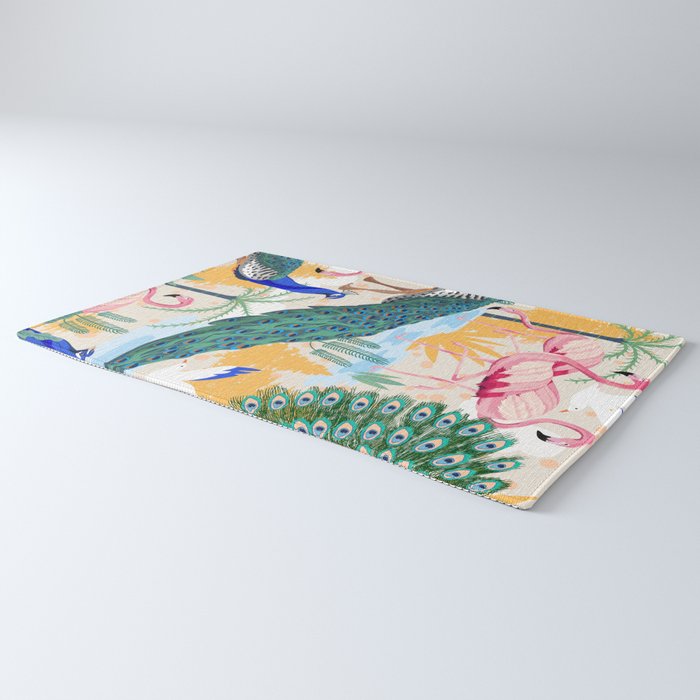 Utopia, Tropical Wildlife Animals, Flamingo Peacock Seagull Vintage Botanical Palm Rug Gallery Image 3