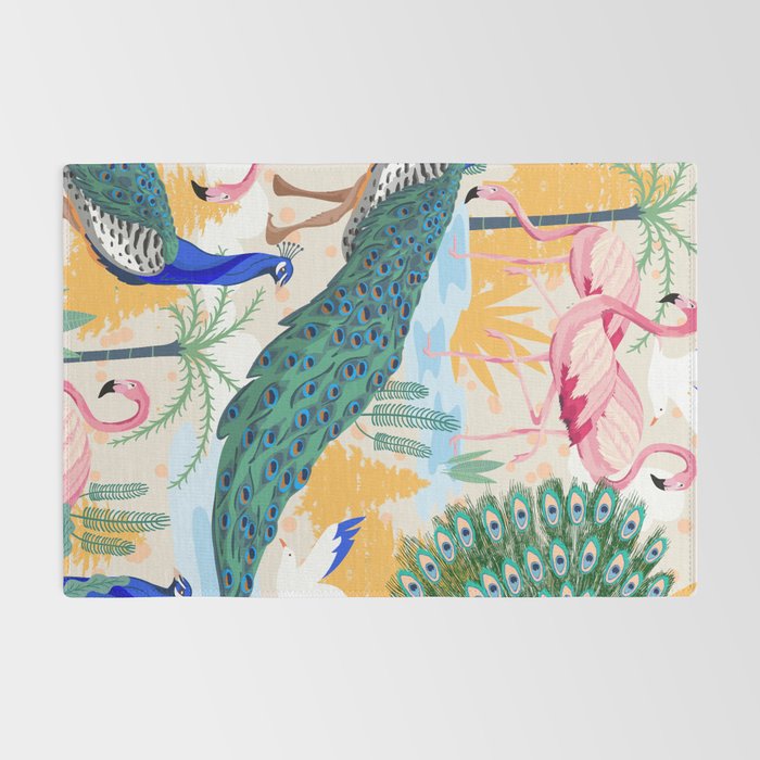 Utopia, Tropical Wildlife Animals, Flamingo Peacock Seagull Vintage Botanical Palm Rug Gallery Image 2