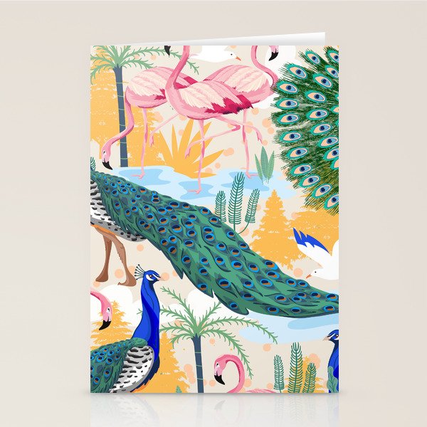 Utopia, Tropical Wildlife Animals, Flamingo Peacock Seagull Vintage Botanical Palm Stationery Card Gallery Image 2