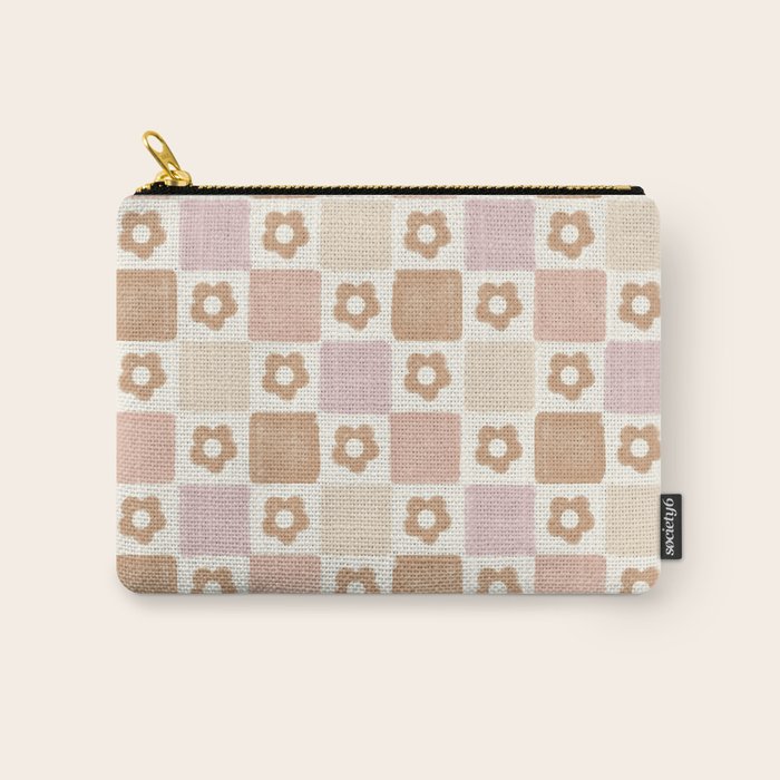 Checkered Floral - Pink Brown Beige Carry All Pouch Gallery Image 1