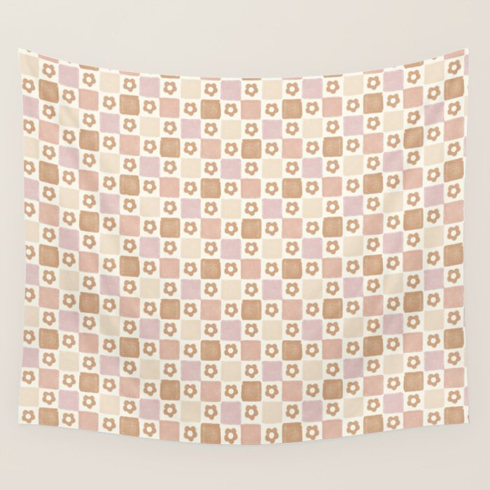 Checkered Floral - Pink Brown Beige Wall Tapestry Gallery Image 1