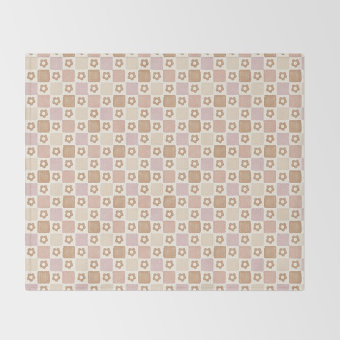 Checkered Floral - Pink Brown Beige Throw Blanket Gallery Image 2