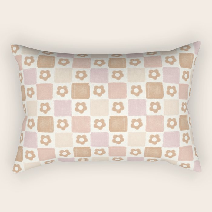 Checkered Floral - Pink Brown Beige Rectangular Pillow Gallery Image 1