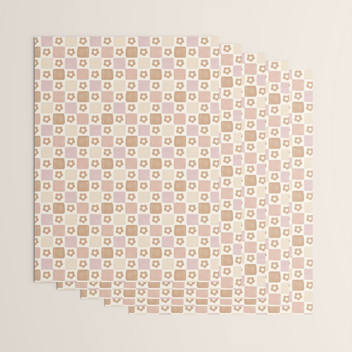 Checkered Floral - Pink Brown Beige Wrapping Paper Gallery Image 3