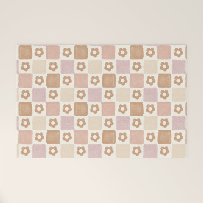 Checkered Floral - Pink Brown Beige Welcome Mat Gallery Image 1