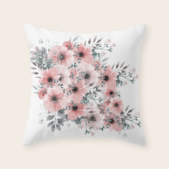 Watercolor Flower, Blush Pink and Gray, Floral Prints Throw Pillow Gallery Image 6
