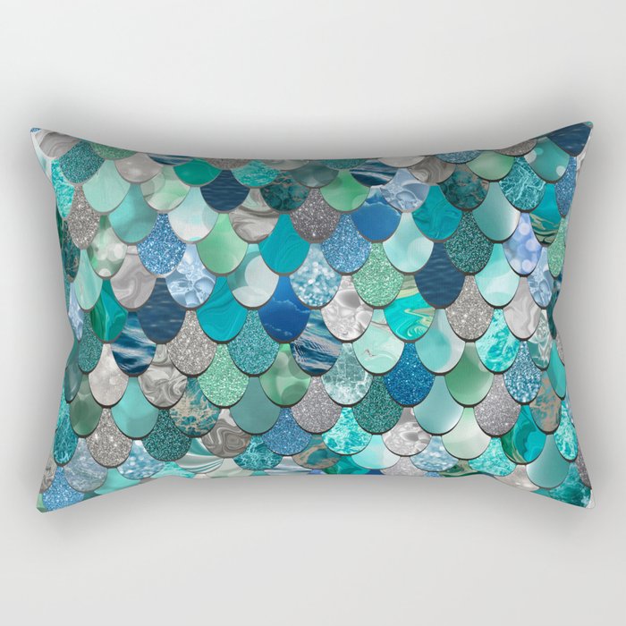 Mermaid Art, Sea,Teal, Mint, Aqua, Blue Rectangular Pillow Gallery Image 1