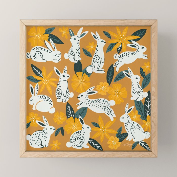 Bunnies & Blooms - Ochre & Teal Palette Mini Art Print Gallery Image 1