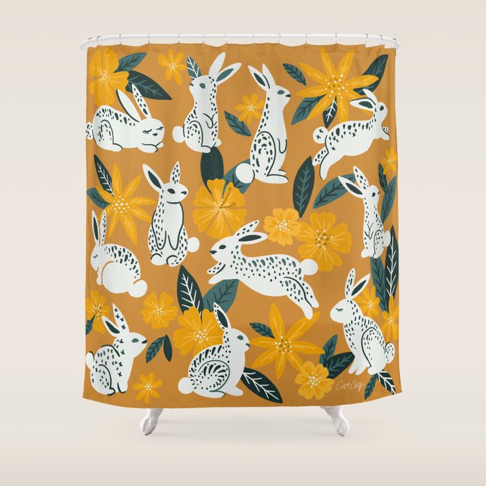 Bunnies & Blooms - Ochre & Teal Palette Shower Curtain Gallery Image 1
