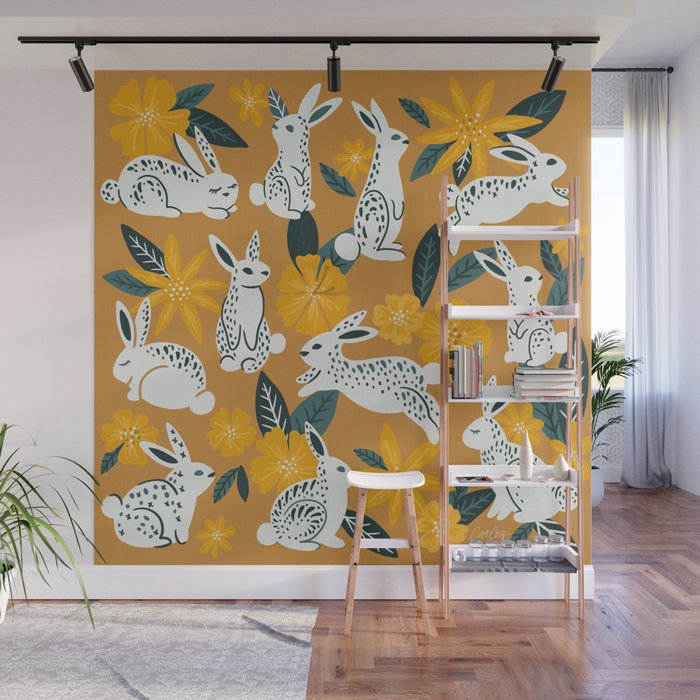 Bunnies & Blooms - Ochre & Teal Palette Wall Mural Gallery Image 1