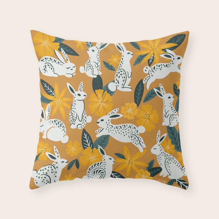 Bunnies & Blooms - Ochre & Teal Palette Throw Pillow Gallery Image 1