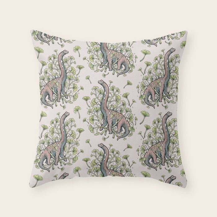 Brachio Ginkgo | Dinosaur Botanical Art Throw Pillow Gallery Image 6