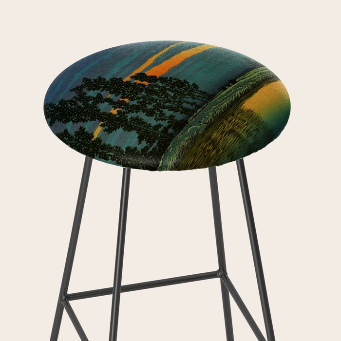 Sundown at Fuhin - Nightime Sunset and Trees by the Lake - Nature Ukiyo Landscape in Blue, Green & Orange Stool Gallery Image 2