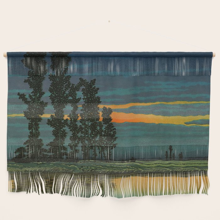 Sundown at Fuhin - Nightime Sunset and Trees by the Lake - Nature Ukiyo Landscape in Blue, Green & Orange Wall Hanging Gallery Image 1