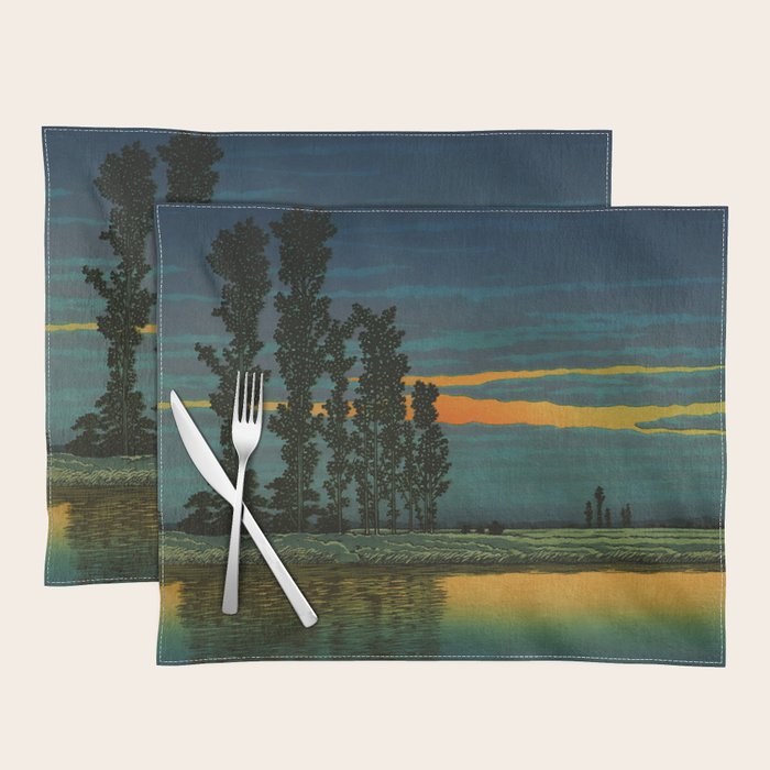 Sundown at Fuhin - Nightime Sunset and Trees by the Lake - Nature Ukiyo Landscape in Blue, Green & Orange Placemat Gallery Image 1