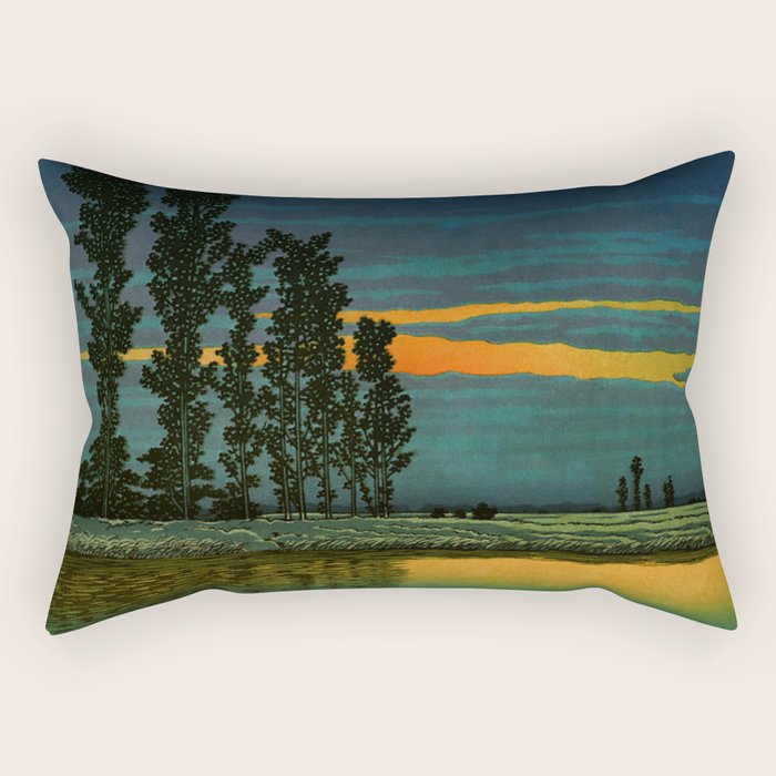 Sundown at Fuhin - Nightime Sunset and Trees by the Lake - Nature Ukiyo Landscape in Blue, Green & Orange Rectangular Pillow Gallery Image 1