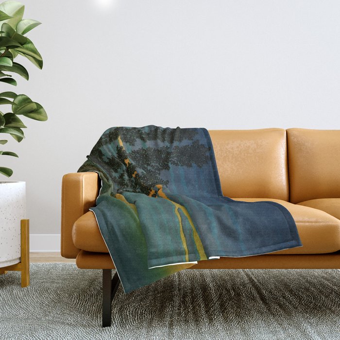 Sundown at Fuhin - Nightime Sunset and Trees by the Lake - Nature Ukiyo Landscape in Blue, Green & Orange Throw Blanket Gallery Image 1