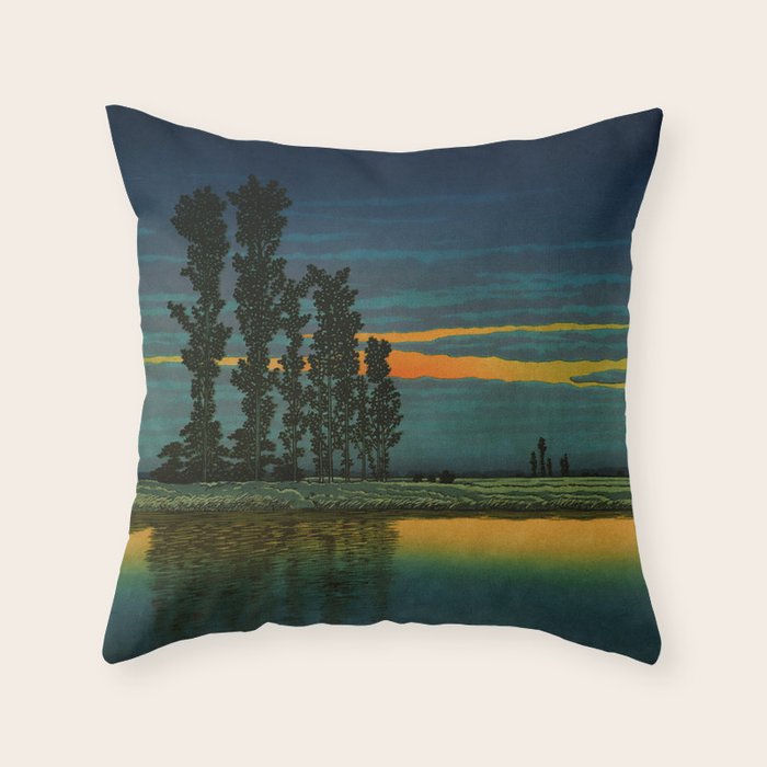 Sundown at Fuhin - Nightime Sunset and Trees by the Lake - Nature Ukiyo Landscape in Blue, Green & Orange Throw Pillow Gallery Image 1