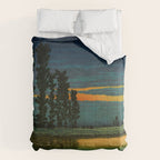 Sundown at Fuhin - Nightime Sunset and Trees by the Lake - Nature Ukiyo Landscape in Blue, Green & Orange Comforter Gallery Image 6