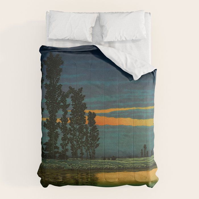 Sundown at Fuhin - Nightime Sunset and Trees by the Lake - Nature Ukiyo Landscape in Blue, Green & Orange Comforter Gallery Image 6