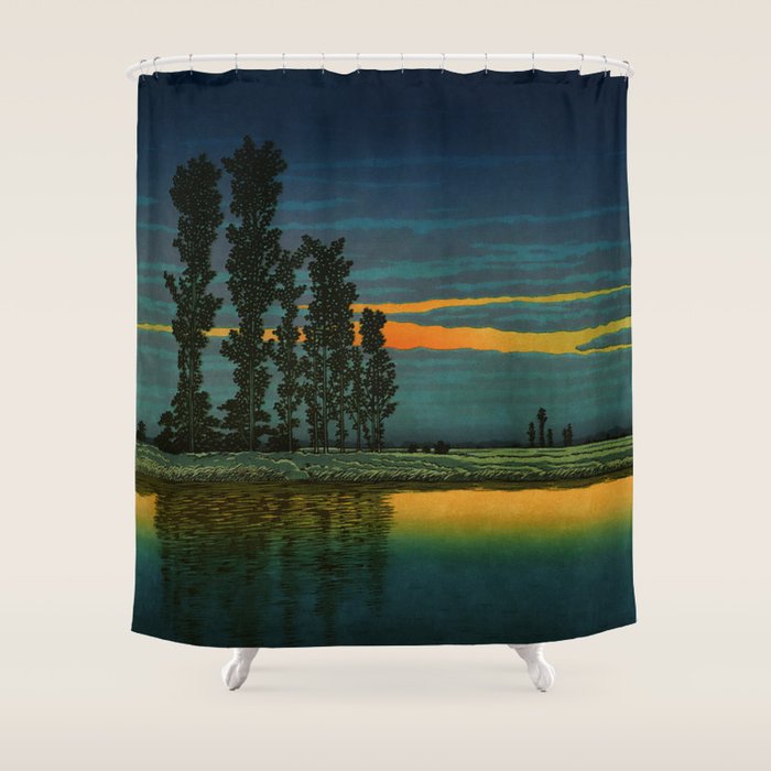 Sundown at Fuhin - Nightime Sunset and Trees by the Lake - Nature Ukiyo Landscape in Blue, Green & Orange Shower Curtain Gallery Image 1