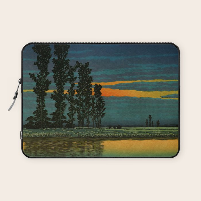 Sundown at Fuhin - Nightime Sunset and Trees by the Lake - Nature Ukiyo Landscape in Blue, Green & Orange Laptop Sleeve Gallery Image 1