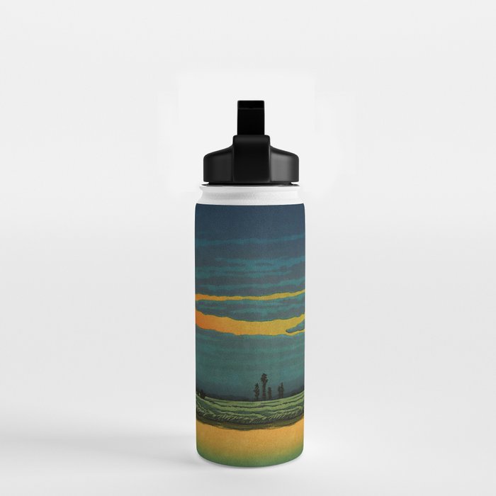 Sundown at Fuhin - Nightime Sunset and Trees by the Lake - Nature Ukiyo Landscape in Blue, Green & Orange Water Bottle Gallery Image 2