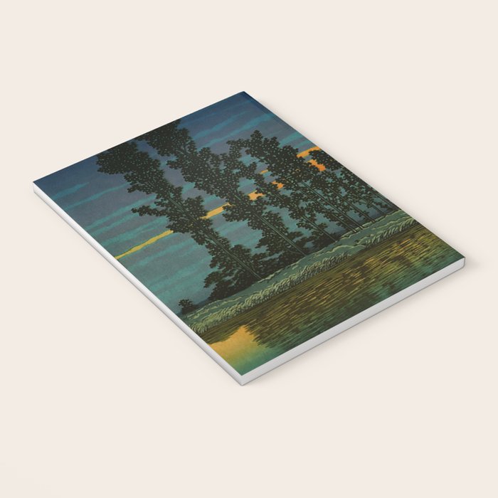 Sundown at Fuhin - Nightime Sunset and Trees by the Lake - Nature Ukiyo Landscape in Blue, Green & Orange Notebook Gallery Image 3