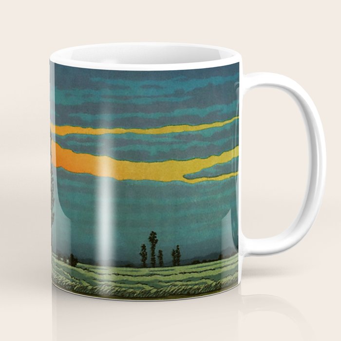 Sundown at Fuhin - Nightime Sunset and Trees by the Lake - Nature Ukiyo Landscape in Blue, Green & Orange Coffee Mug Gallery Image 1