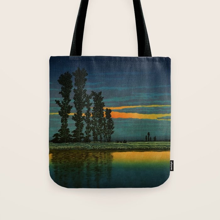 Sundown at Fuhin - Nightime Sunset and Trees by the Lake - Nature Ukiyo Landscape in Blue, Green & Orange Tote Bag Gallery Image 1