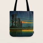 Sundown at Fuhin - Nightime Sunset and Trees by the Lake - Nature Ukiyo Landscape in Blue, Green & Orange Tote Bag Gallery Image 1