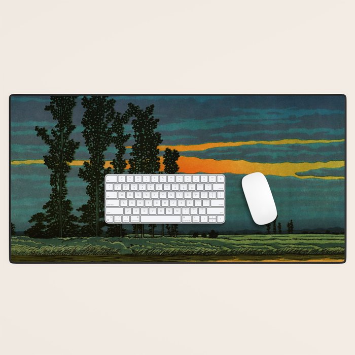 Sundown at Fuhin - Nightime Sunset and Trees by the Lake - Nature Ukiyo Landscape in Blue, Green & Orange Desk Mat Gallery Image 1