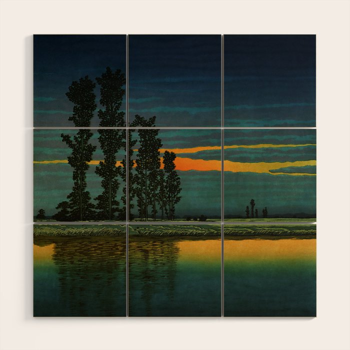 Sundown at Fuhin - Nightime Sunset and Trees by the Lake - Nature Ukiyo Landscape in Blue, Green & Orange Wood Wall Art Gallery Image 1