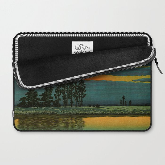 Sundown at Fuhin - Nightime Sunset and Trees by the Lake - Nature Ukiyo Landscape in Blue, Green & Orange Laptop Sleeve Gallery Image 2