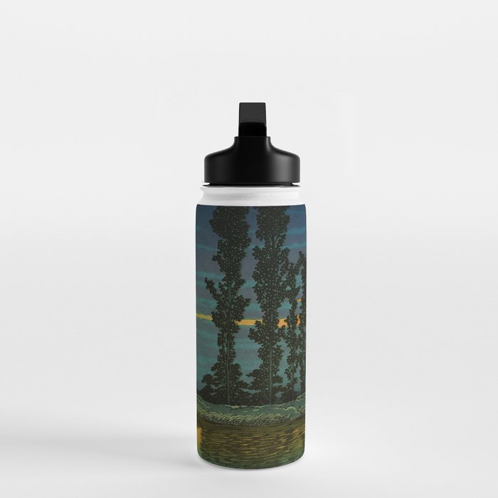Sundown at Fuhin - Nightime Sunset and Trees by the Lake - Nature Ukiyo Landscape in Blue, Green & Orange Water Bottle Gallery Image 3